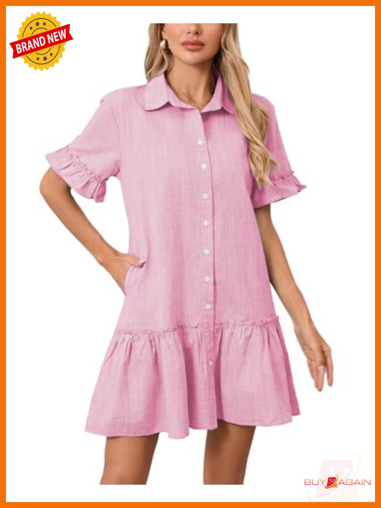Flowy Swing Shirt Mini Dress With Pockets Drop Waist Ruffle Sleeves